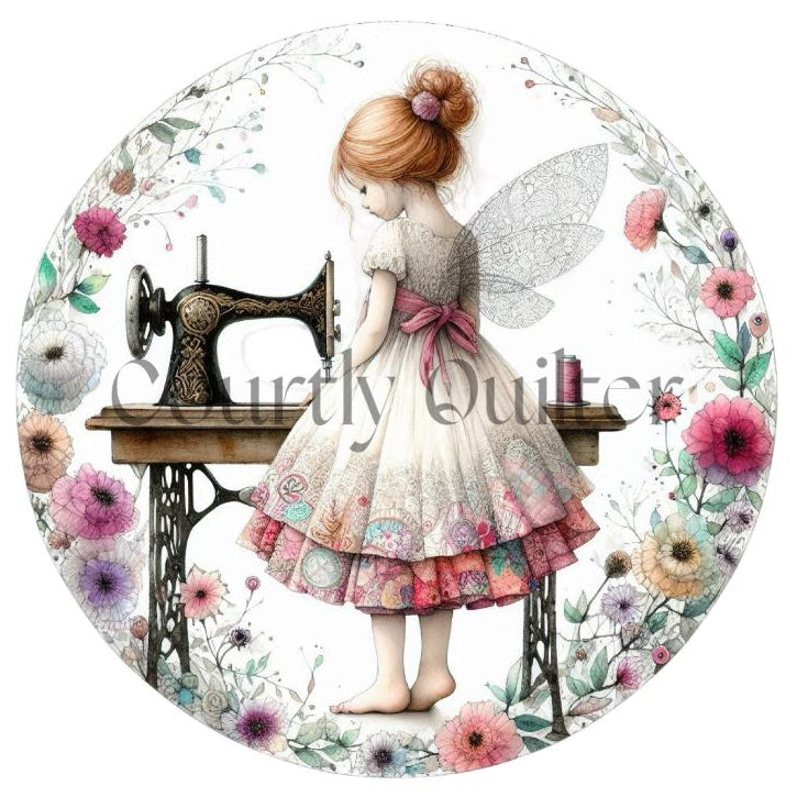 courtly quilter sewing fairy on fabric block