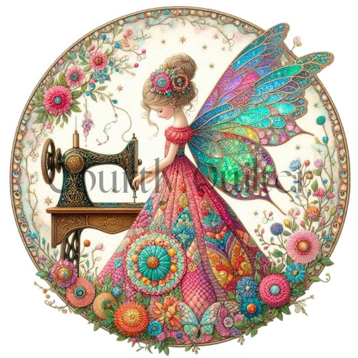 courtly quilter sewing fairy on fabric block