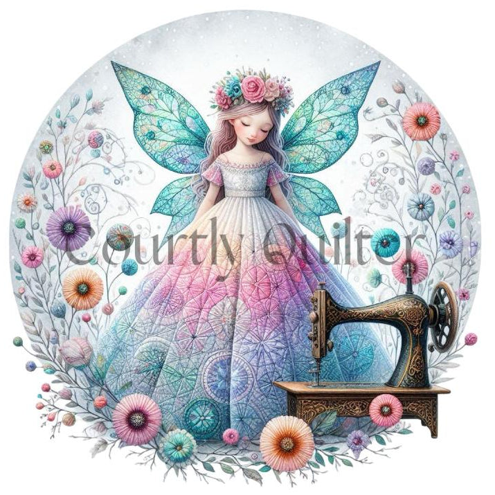 courtly quilter sewing fairy on fabric block