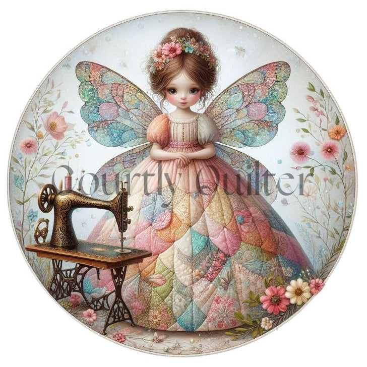 courtly quilter sewing fairy on fabric square