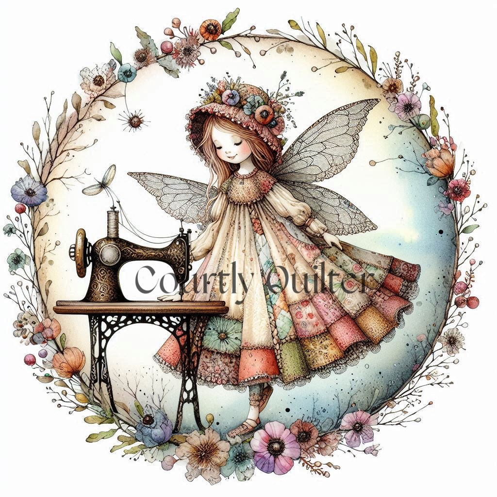 Courtly Quilter illustration of a fairy with butterfly wings standing next to a sewing machine