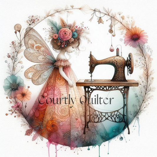 Courtly Quilter fantasy illustration of a fairy with a sewing machine, surrounded by flowers and decorative elements.