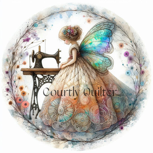 Courtly Quilter illustration of a fairy with butterfly wings sitting at a sewing machine, surrounded by flowers and leaves.