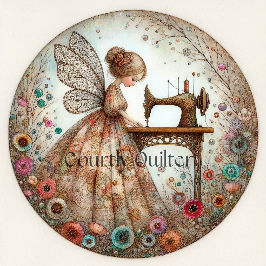 Courtly Quilter illustration of a fairy at a sewing machine with floral elements 