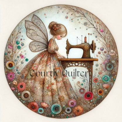 Courtly Quilter illustration of a fairy at a sewing machine with floral elements 