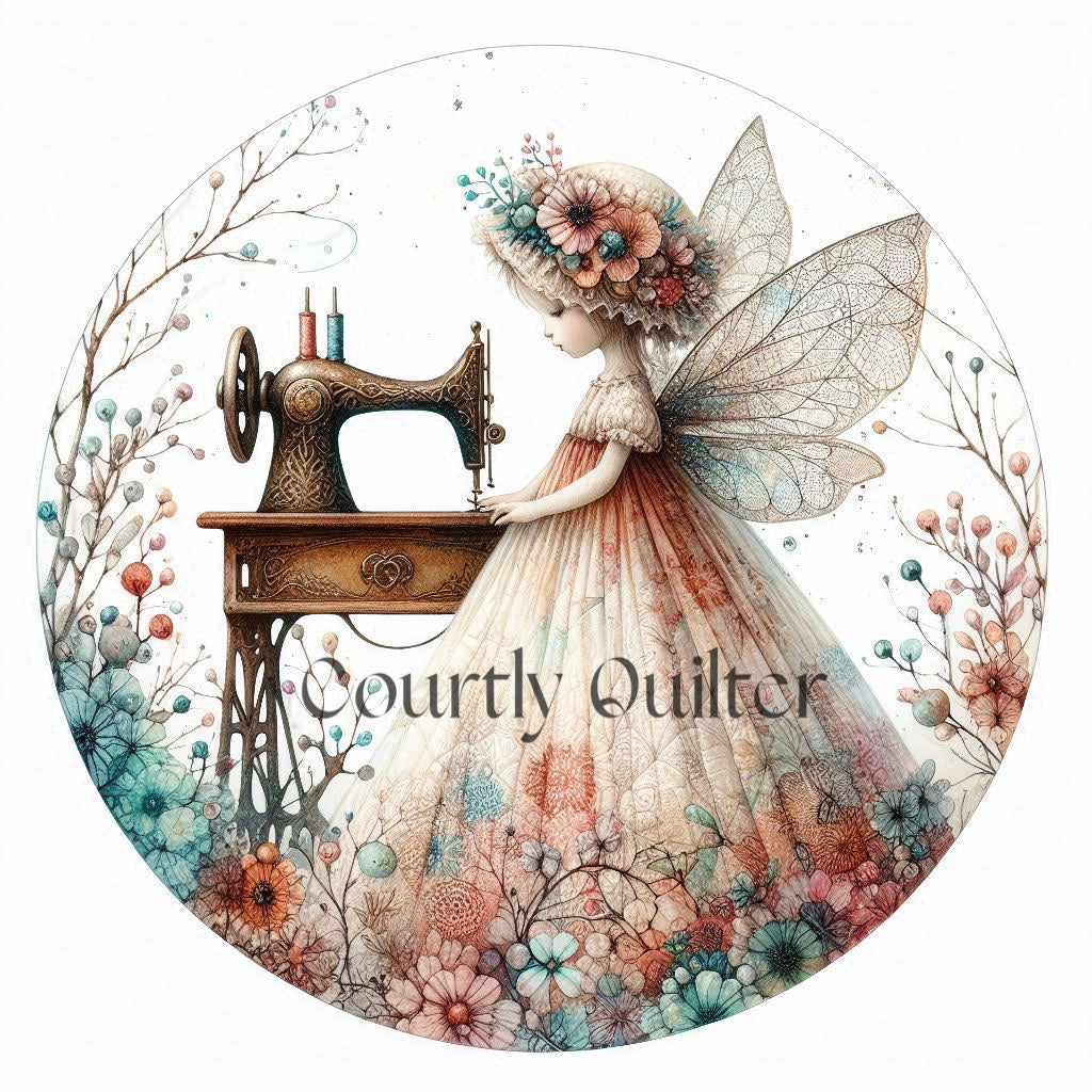 Courtly Quilter decorative image of a fairy with floral attire standing next to a sewing machine