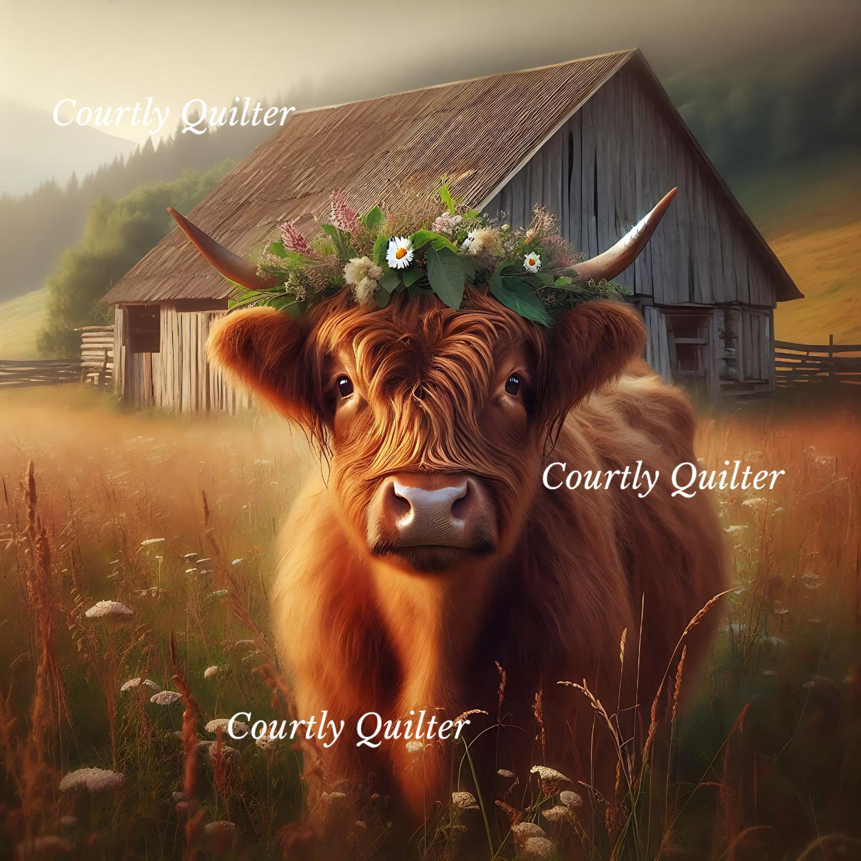 Red Scottish Highland cow with a flower crown in a field with a barn in the background, Courtly Quilter