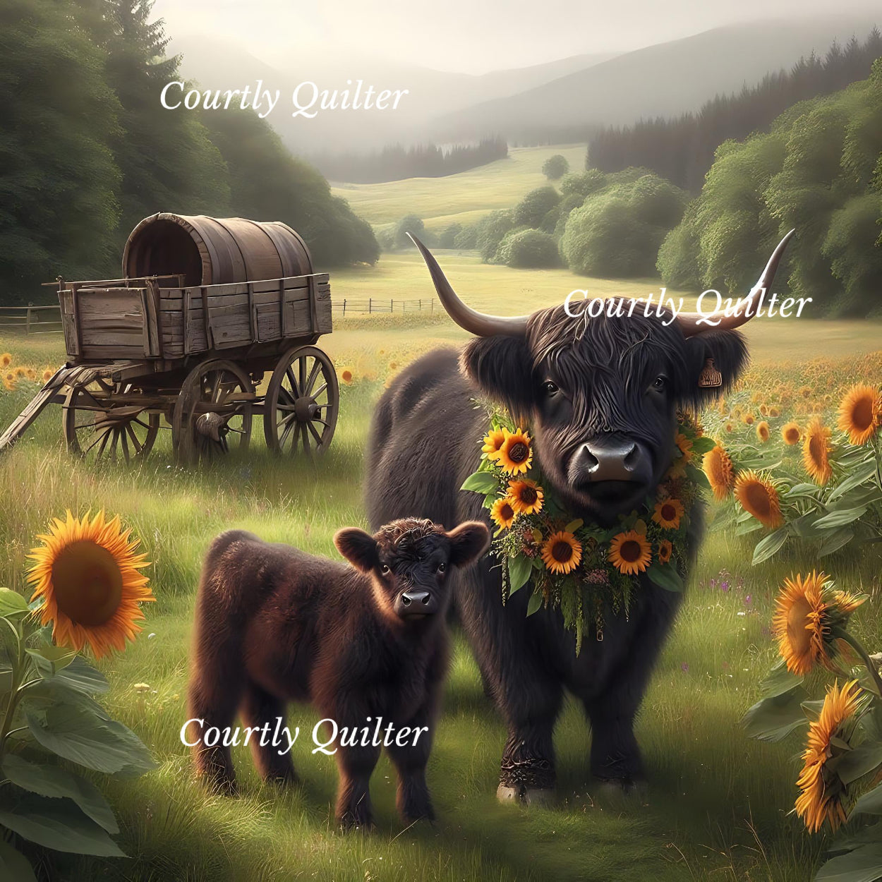 Two black Scottish Highland cows with a wooden cart in a scenic landscape with sunflowers, Courtly Quilter