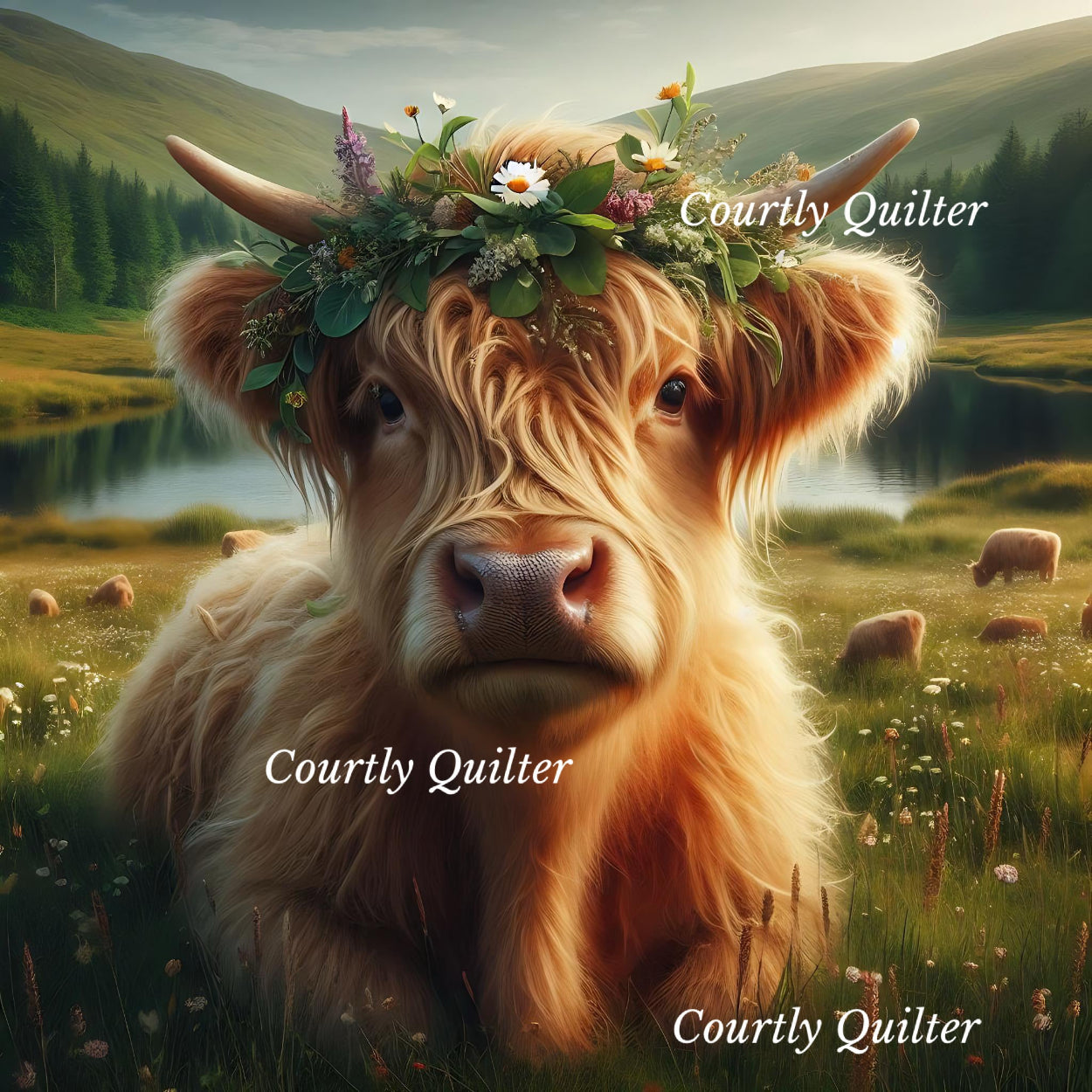 Blonde Scottish Highland cow with a floral crown in a pastoral setting with mountains and a lake, Courtly Quilter