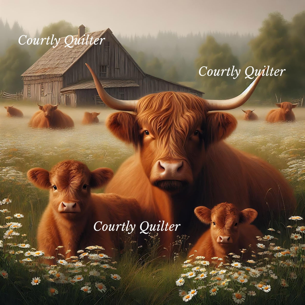 Red Scottish Highland cow and two calves in a field with a barn in the background, Courtly Quilter