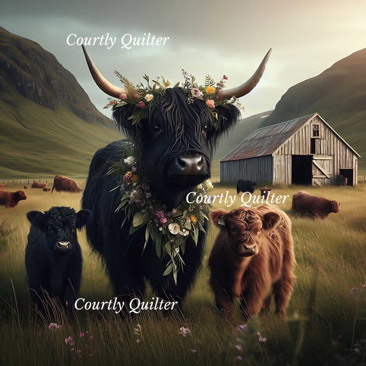 Black Scottish Highland cow with 2 babies in a field with a barn and mountains in the background, Courtly Quilter