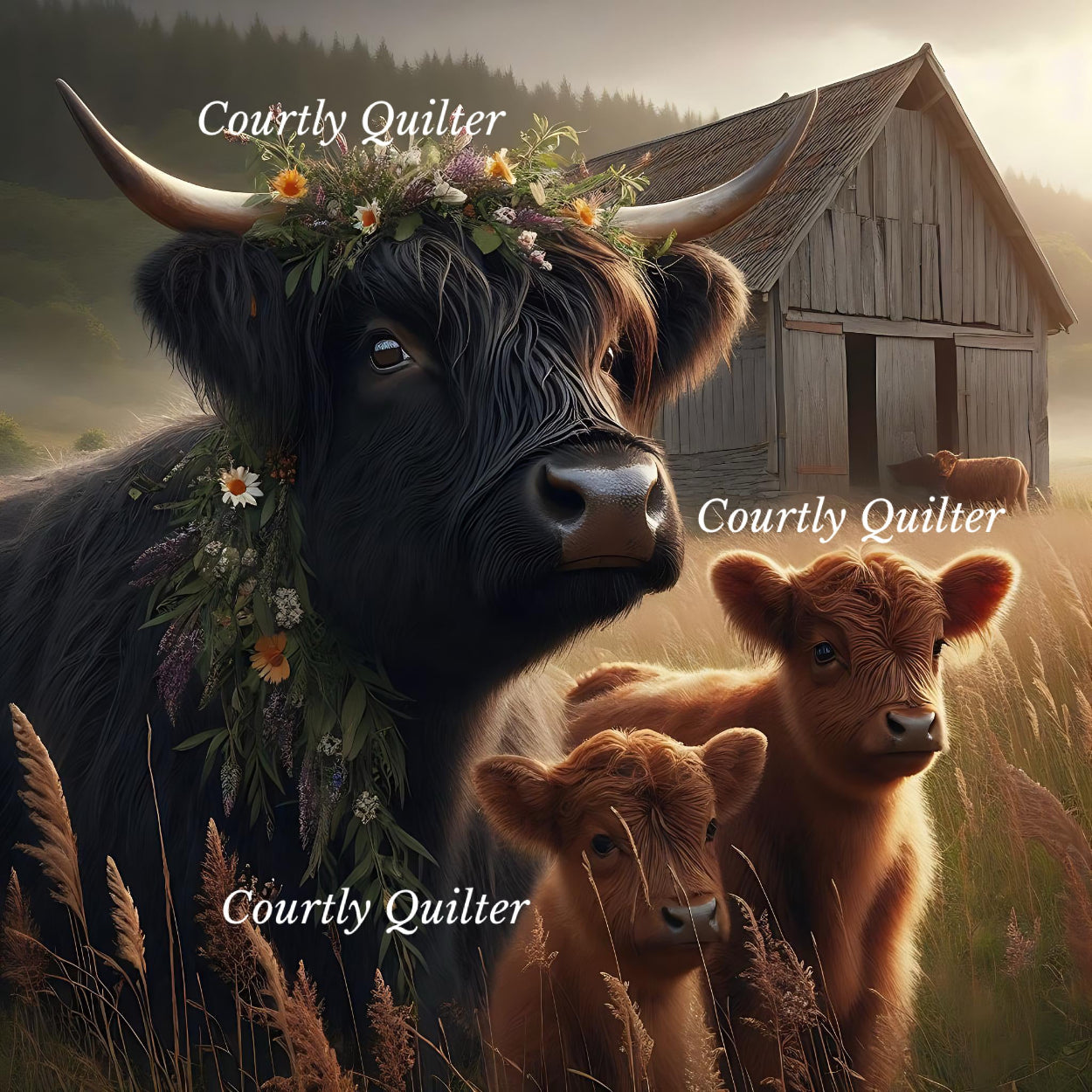 Black Scottish Highland cow with floral wreath and two babies in a field with a barn in the background, Courtly Quilter