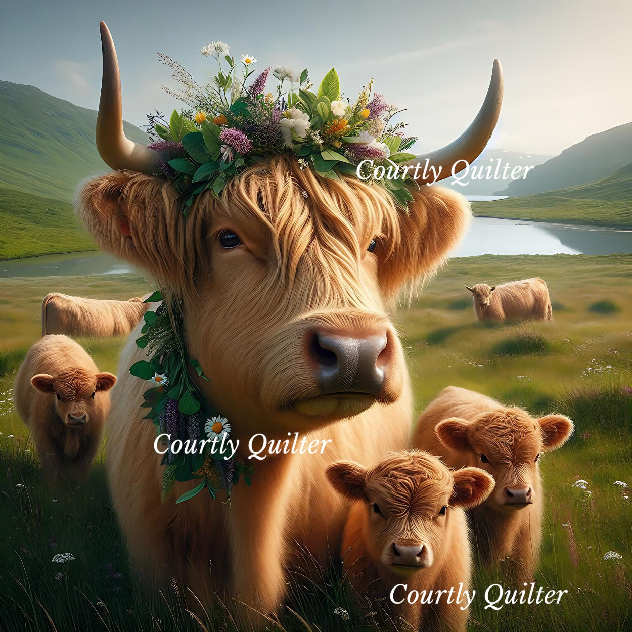 Blonde Scottish Highland cow with floral crown in a pastoral setting, babies, Courtly Quilter