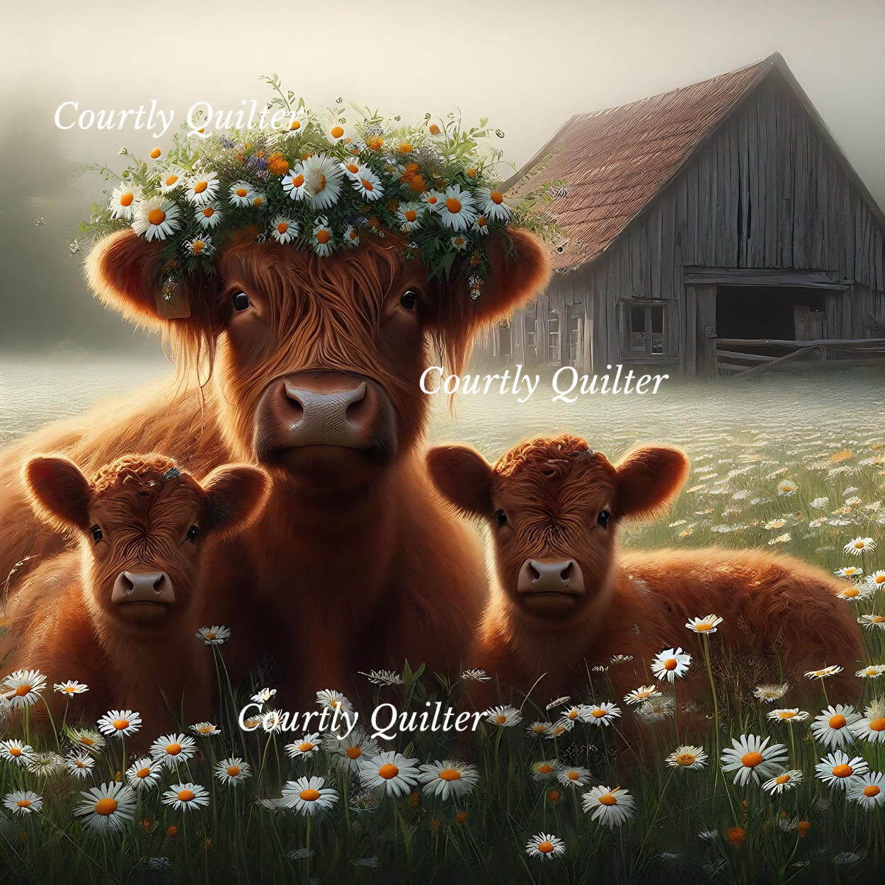 Red Scottish Highland cows with daisies in a field and barn in the background, Courtly Quilter