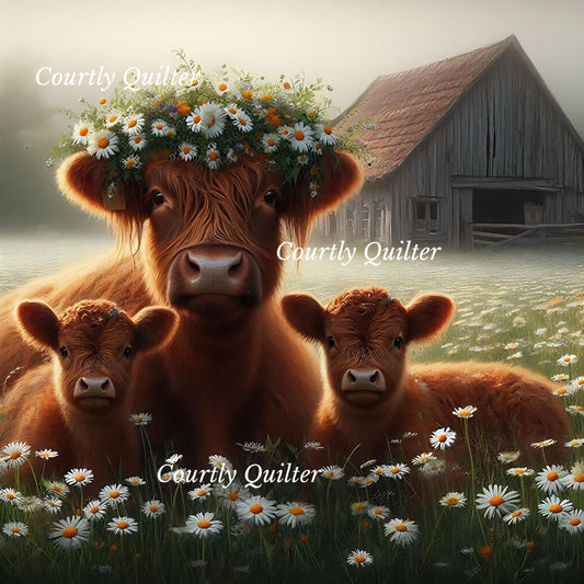 Red Scottish Highland cows with daisies in a field and barn in the background, Courtly Quilter