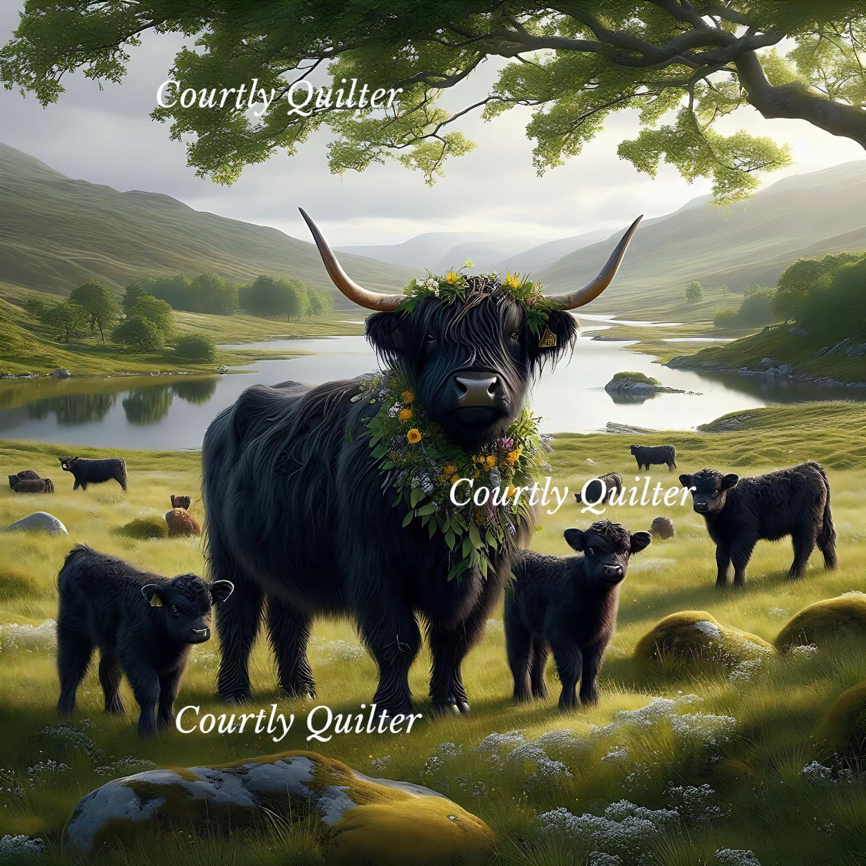 Black Scottish Highland cow with calves in a lush green landscape, Courtly Quilter