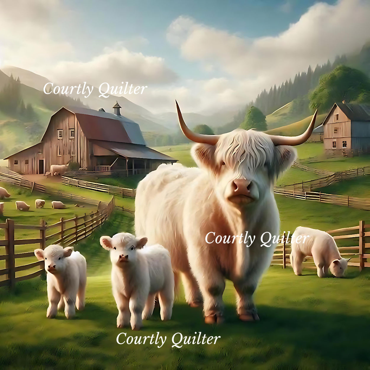White Scottish Highland cow with 3 babies in a pastoral scene with barns and mountains, Courtly Quilter
