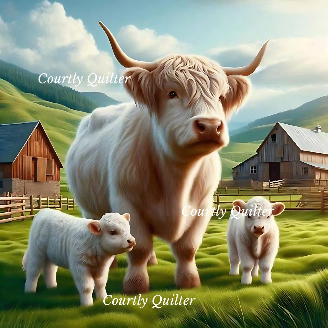 White Scottish Highland cow with two calves in a pastoral setting with barns and mountains, Courtly Quilter