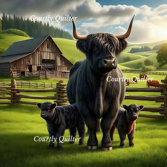 Black Scottish Highland cow with 2 babies in a pastoral setting with a barn and green fields, Courtly Quilter