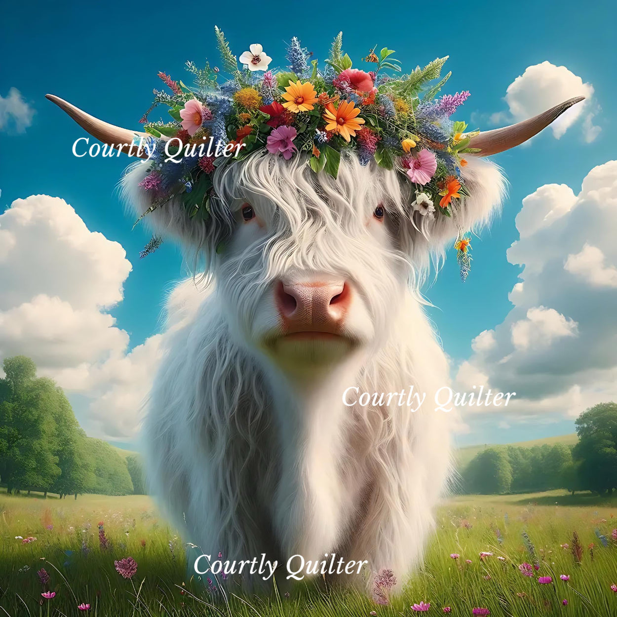 White Scottish Highland cow with a floral wreath on its head in a grassy field with blue sky and clouds, Courtly Quilter
