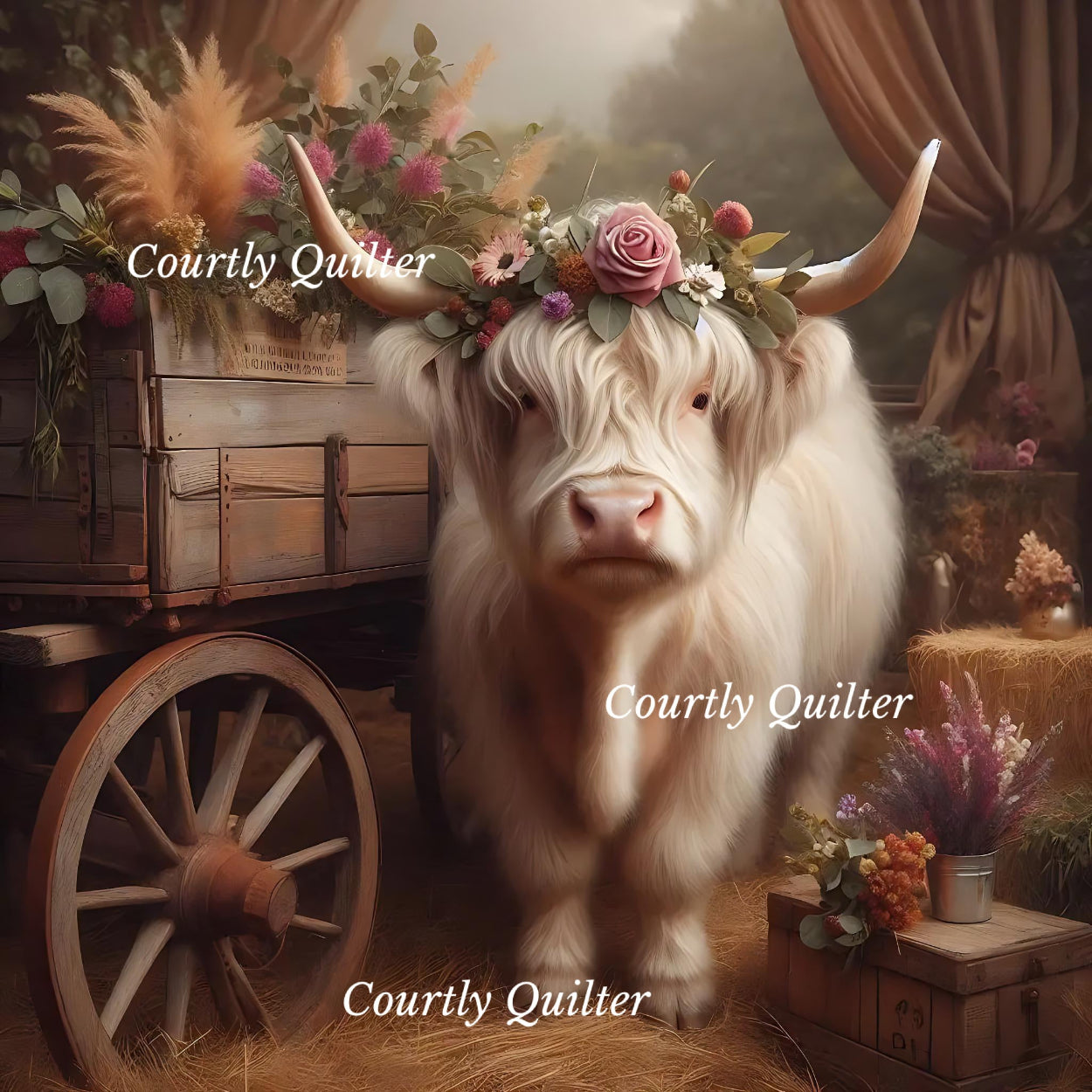 White Scottish Highland cow with floral crown in a rustic setting with wagon and flowers, Courtly Quilter