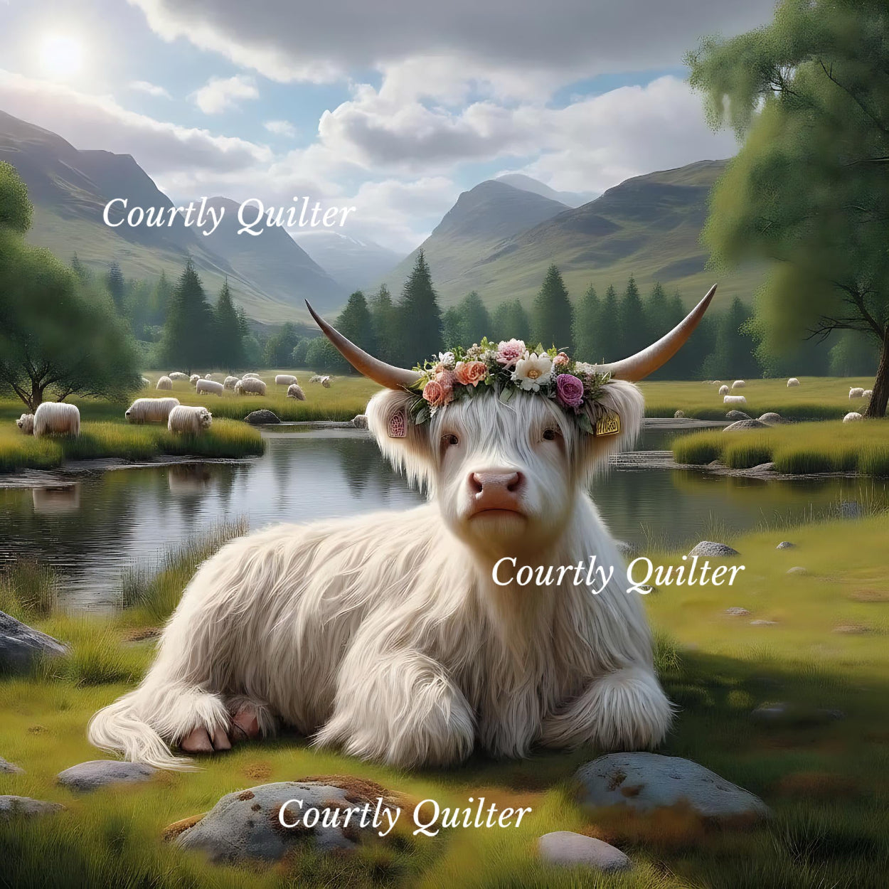 White Scottish Highland cow lying down with a flower crown in a pastoral landscape with mountains, Courtly Quilter