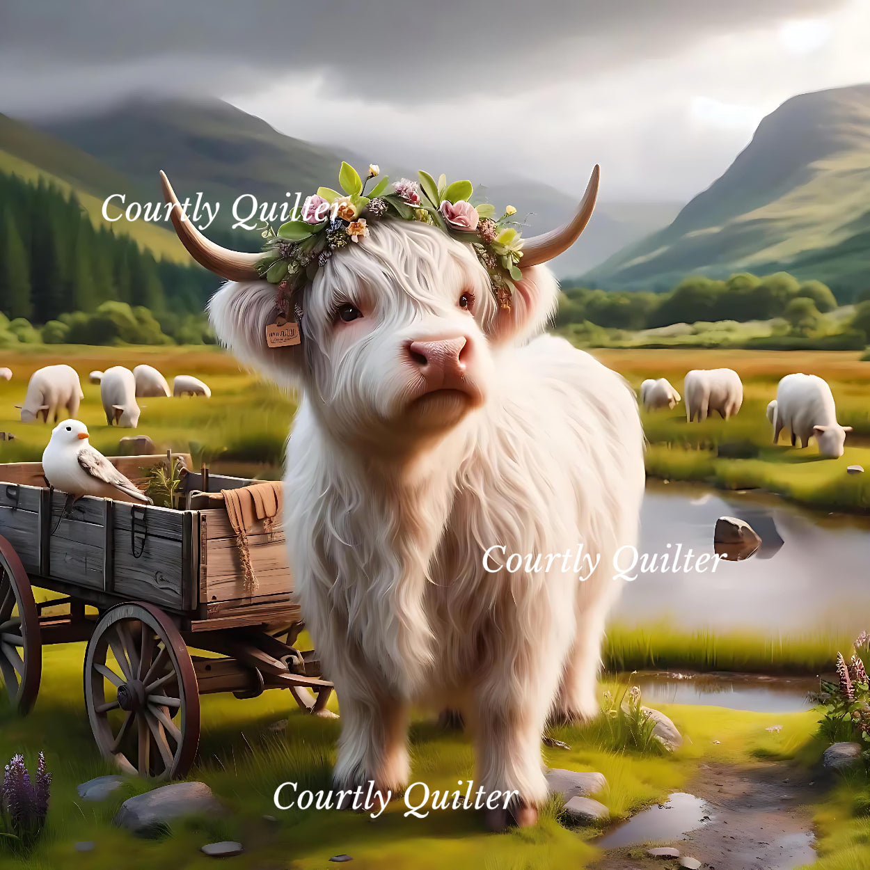 White Scottish Highland cow with a flower crown and old wagon in a pastoral setting, Courtly Quilter