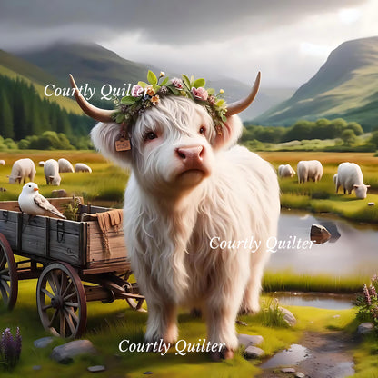 White Scottish Highland cow with a flower crown and old wagon in a pastoral setting, Courtly Quilter
