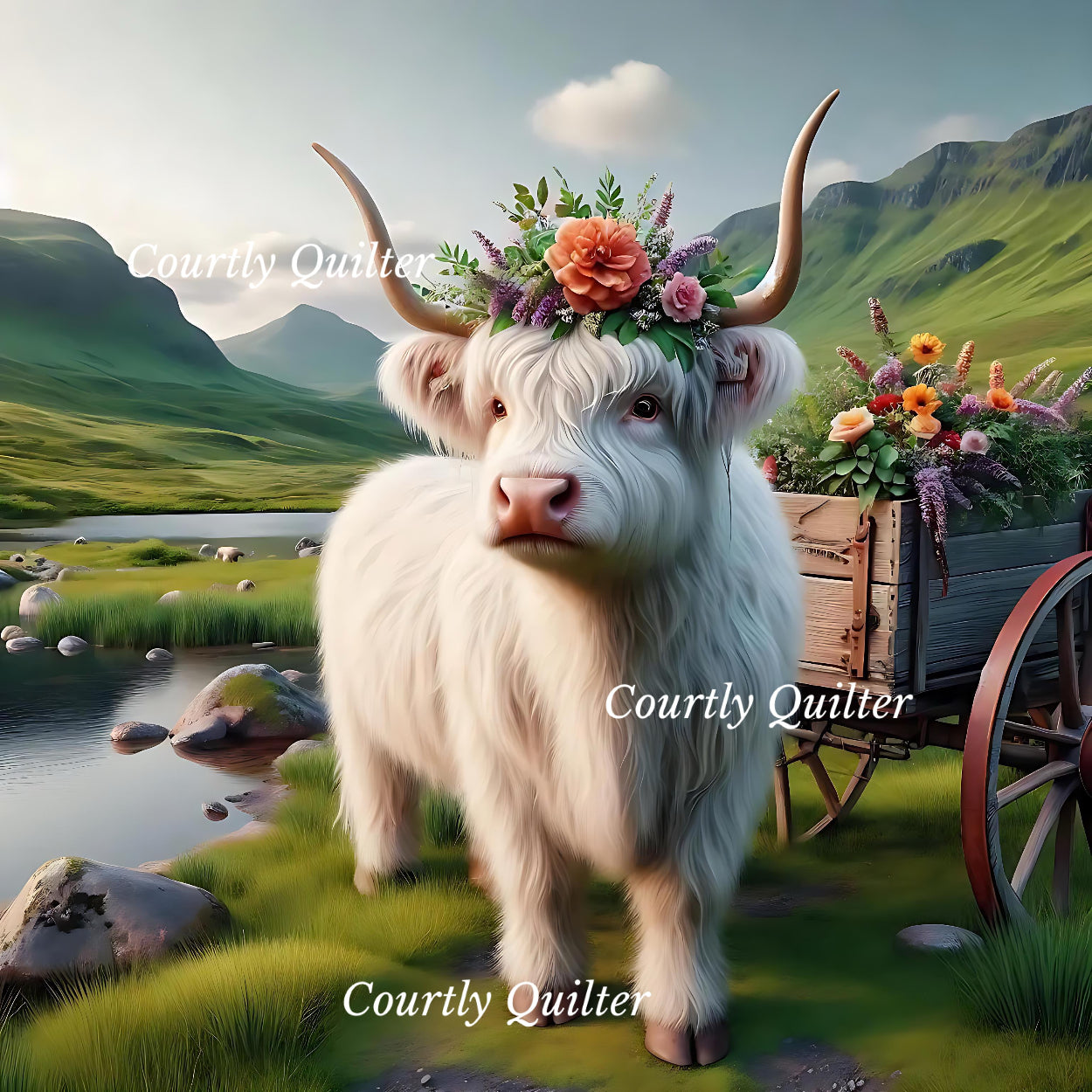 White Scottish Highland cow with floral crown, flower wagon, pond, in a pastoral setting with mountains, Courtly Quilter