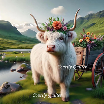 White Scottish Highland cow with floral crown, flower wagon, pond, in a pastoral setting with mountains, Courtly Quilter