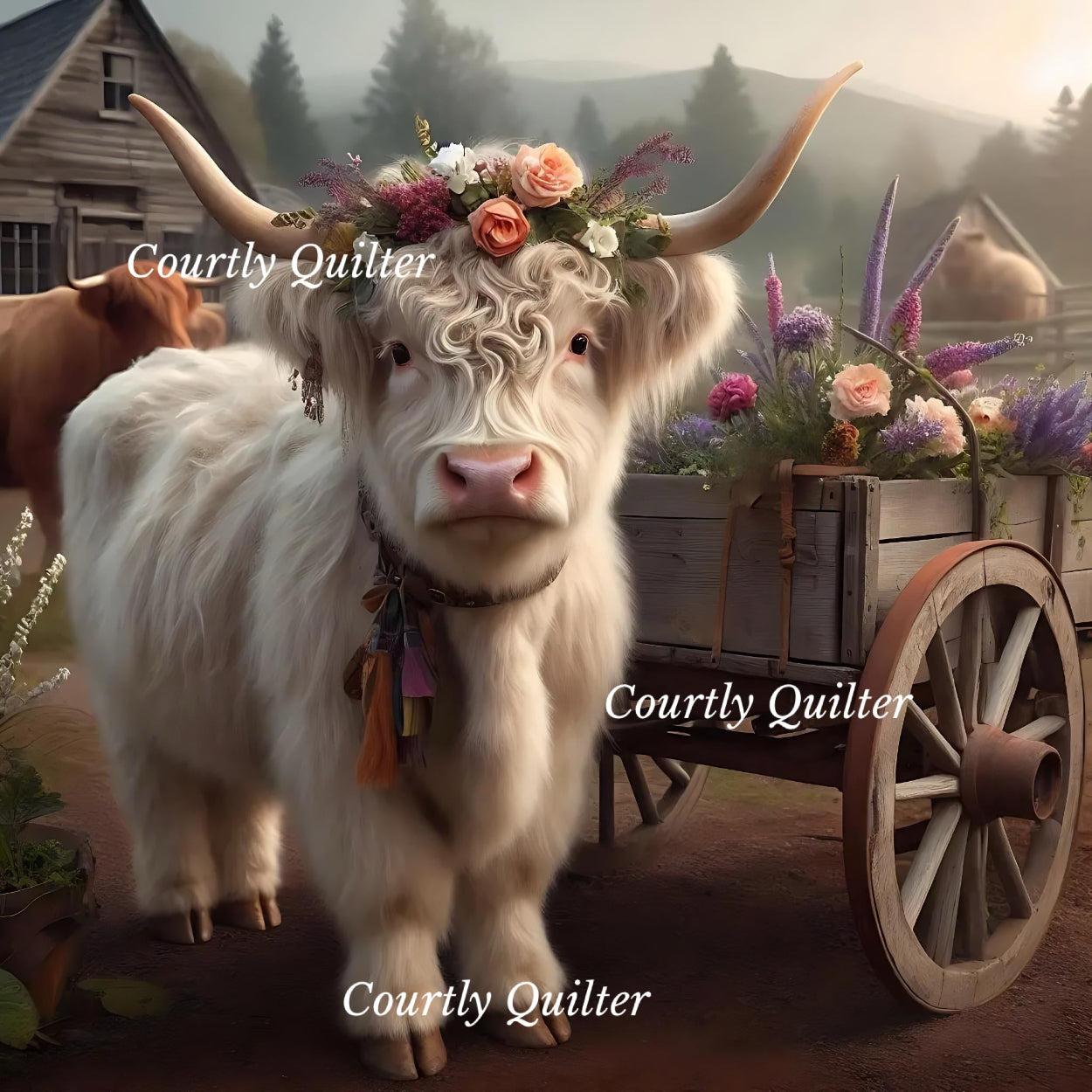 White Scottish Highland cow with floral crown in a rustic setting and flower wagon, Courtly Quilter