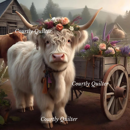 White Scottish Highland cow with floral crown in a rustic setting and flower wagon, Courtly Quilter
