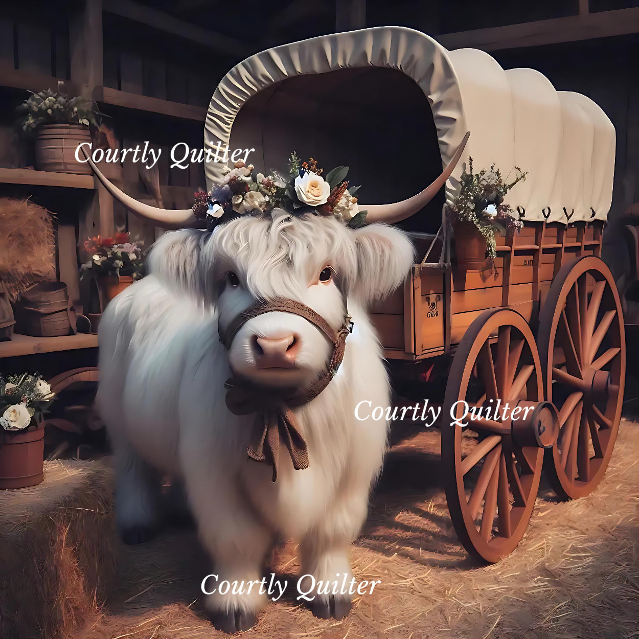 White Scottish Highland cow with decorative headpiece in front of a covered wagon in a rustic setting, Courtly Quilter