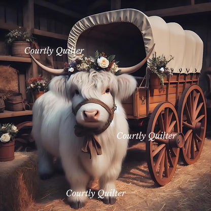 White Scottish Highland cow with decorative headpiece in front of a covered wagon in a rustic setting, Courtly Quilter