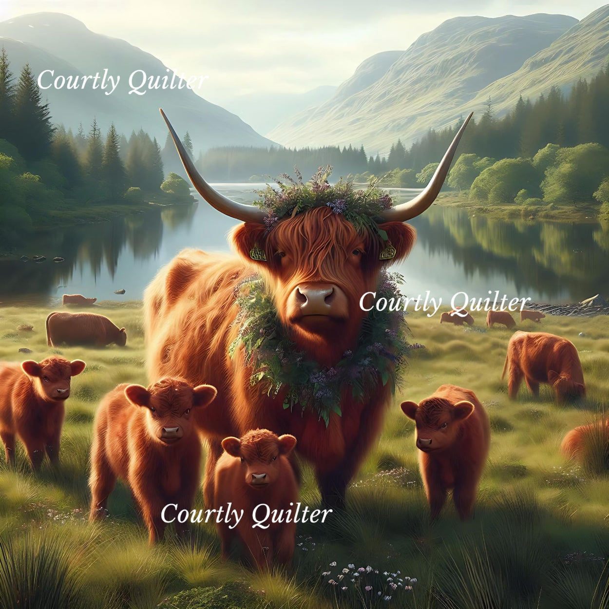 Red Scottish Highland cows, one with decorative wreath, in a scenic landscape with mountains and a lake, Courtly Quilter