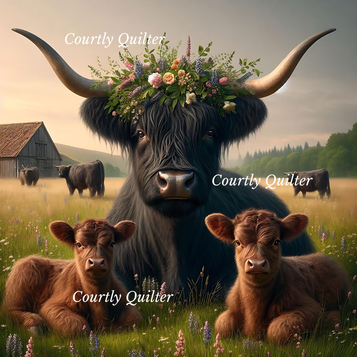 Large black Scottish Highland cow with two calves in a field, wearing a floral crown, Courtly Quilter