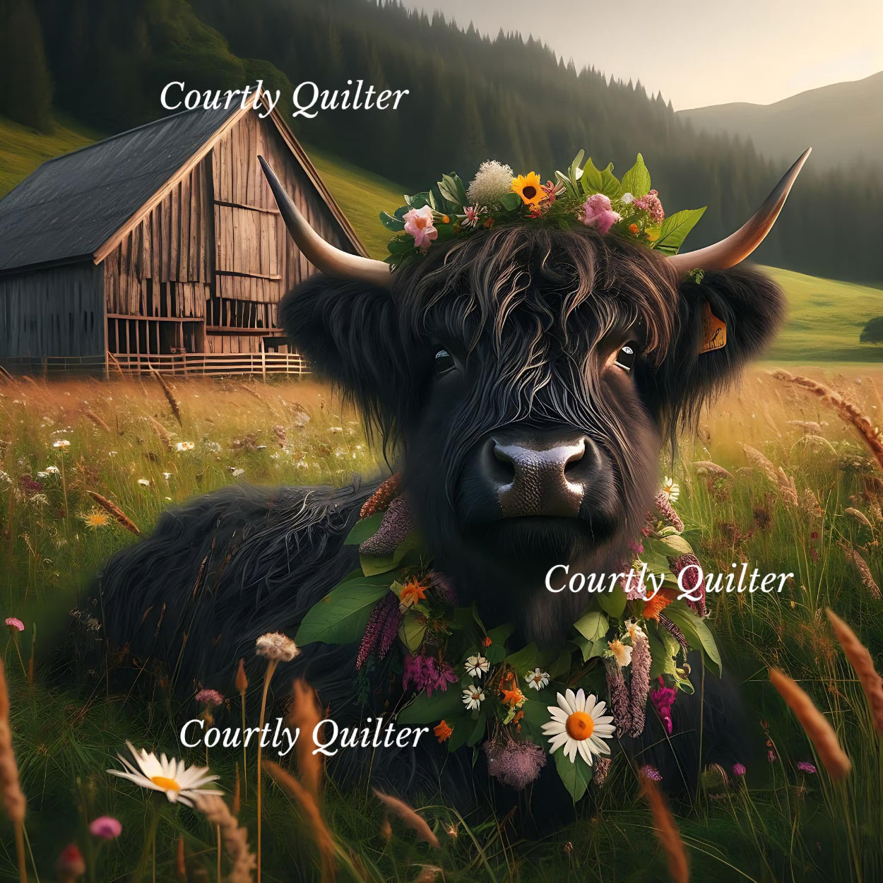 Black Scottish Highland cow with floral wreath in a field with barn and mountains in the background, Courtly Quilter
