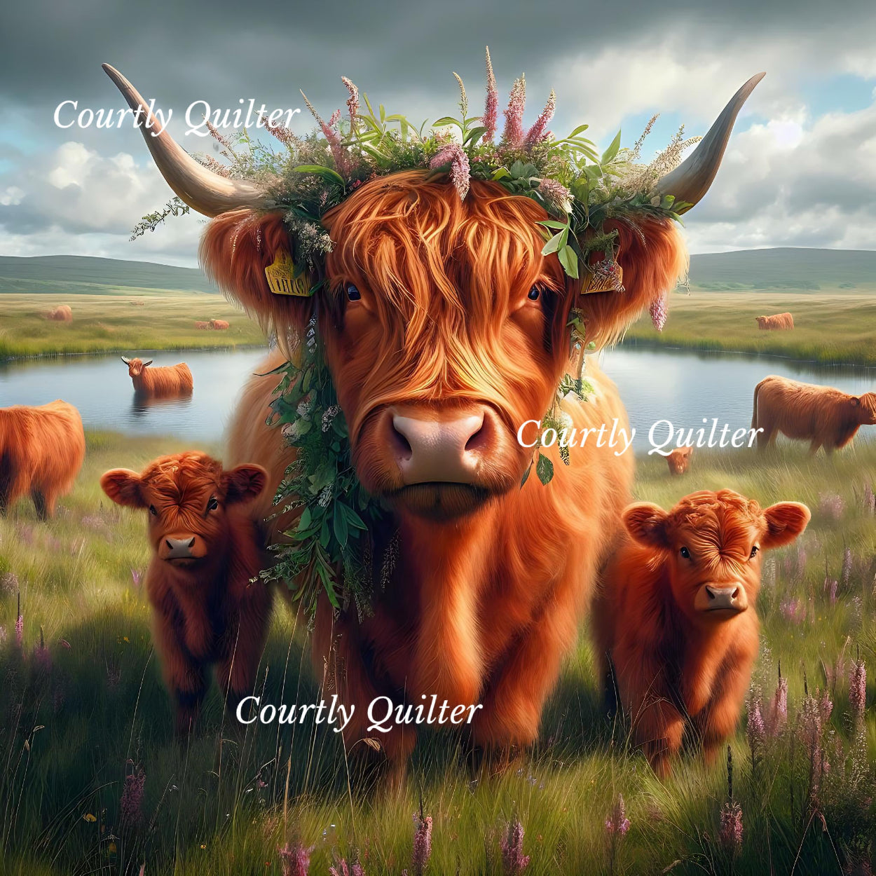 Red Scottish Highland cow with calves in a field with a pond, Courtly Quilter