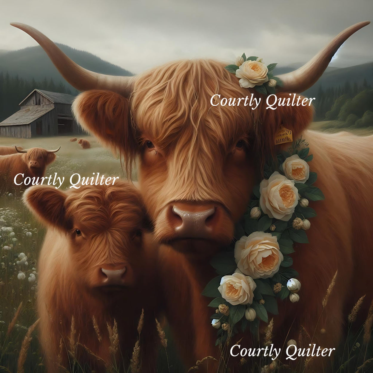 Red Scottish Highland cows, one with a floral wreath, standing in a field with a barn and mountains in the background, Courtly Quilter