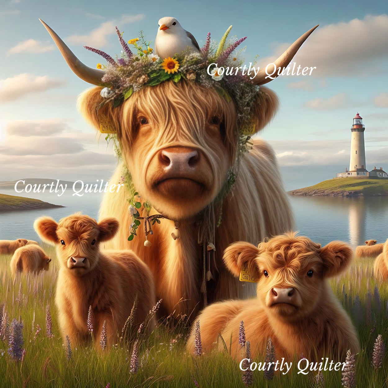 Blonde Scottish Highland cows with a lighthouse in the background, a bird on one's head, Courtly Quiter