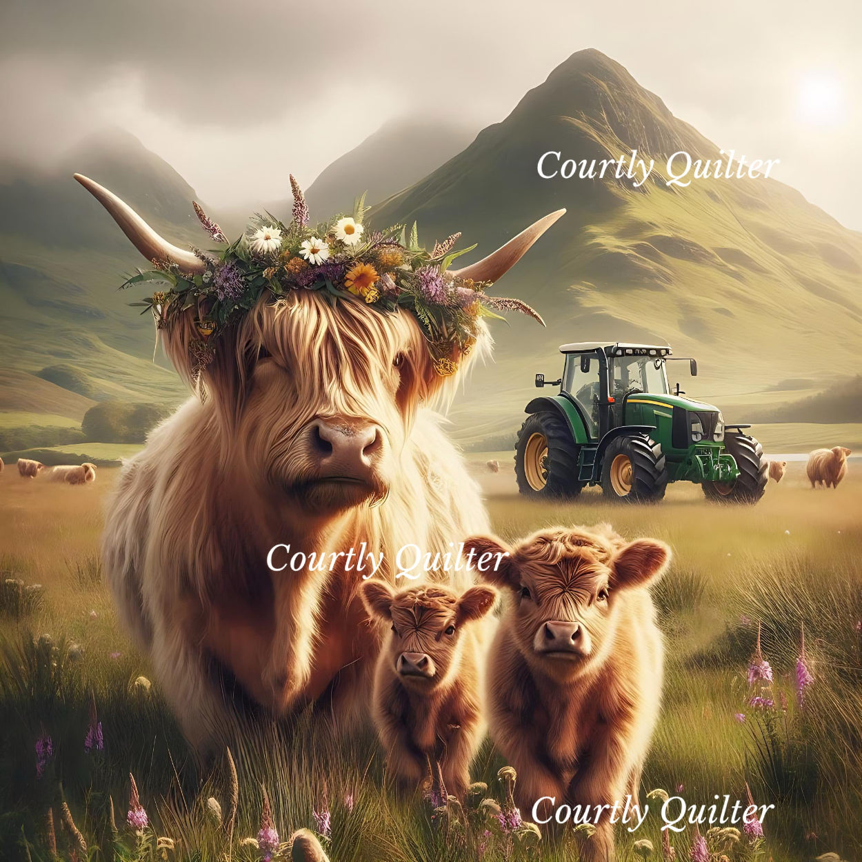 Blonde Scottish Highland cows with a tractor in a field with mountains in the background, Courtly Quilter