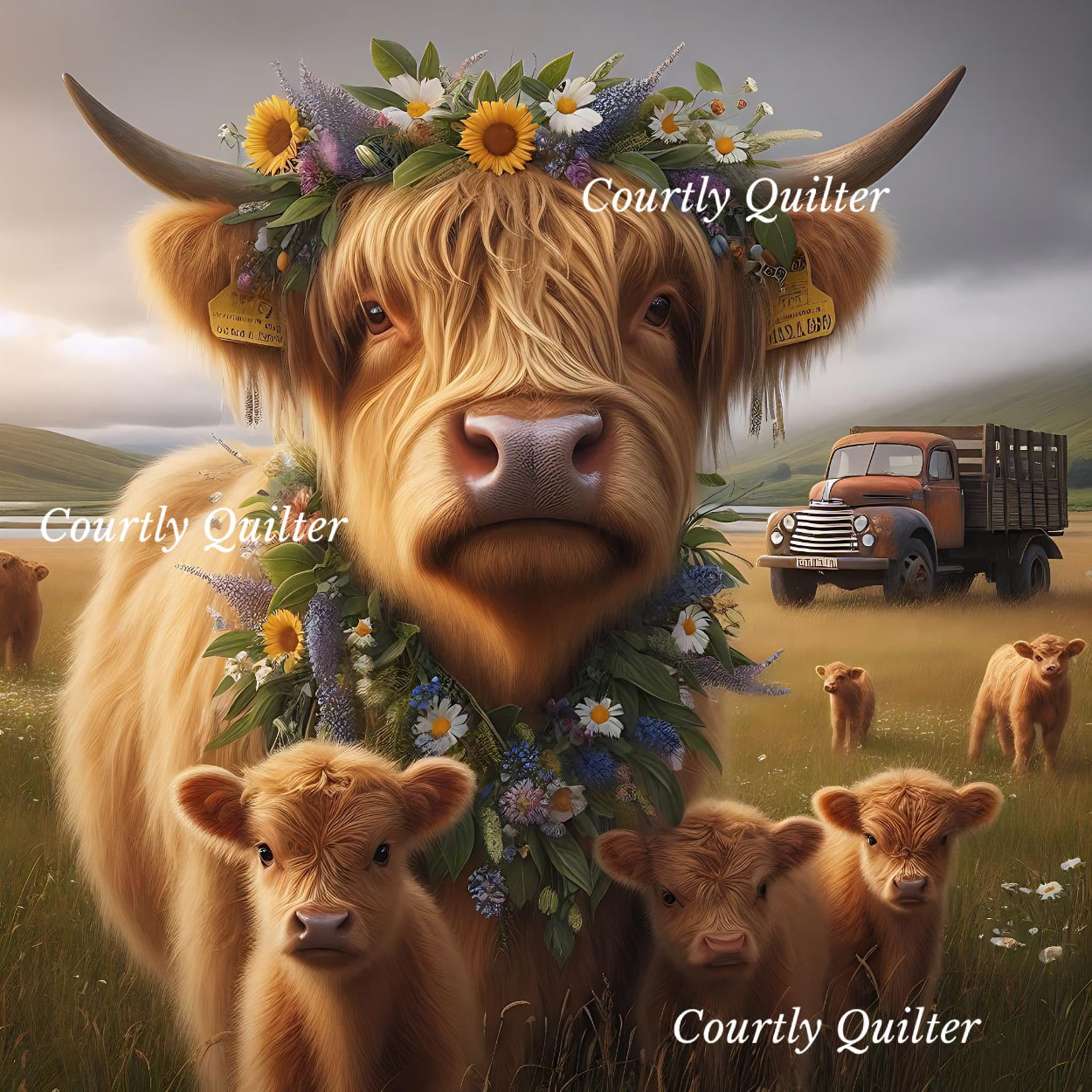 Blonde Scottish Highland cow with calves in a field, wearing a floral wreath, farm truck in the background, Courtly Quilter