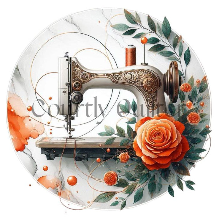 Courtly Quilter white and gold sewing machine surrounded by orange flowers and leaves on a white background