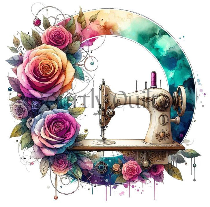 Courtly Quilter white and gold sewing machine surrounded by floral multi color wreath with flowers on a white background