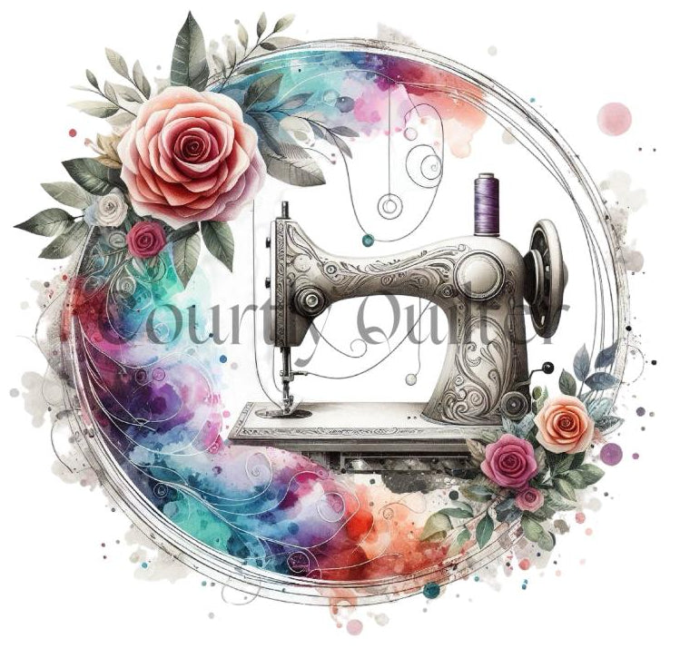 Courtly Quilter silver white sewing machine surrounded by flowers and leaves on a white background