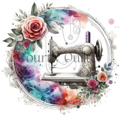 Courtly Quilter silver white sewing machine surrounded by flowers and leaves on a white background