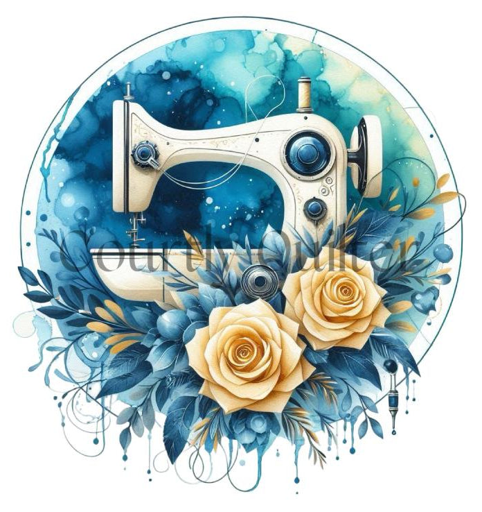 Courtly Quilter white sewing machine surrounded by yellow flowers and blue and gold leaves on a blue background