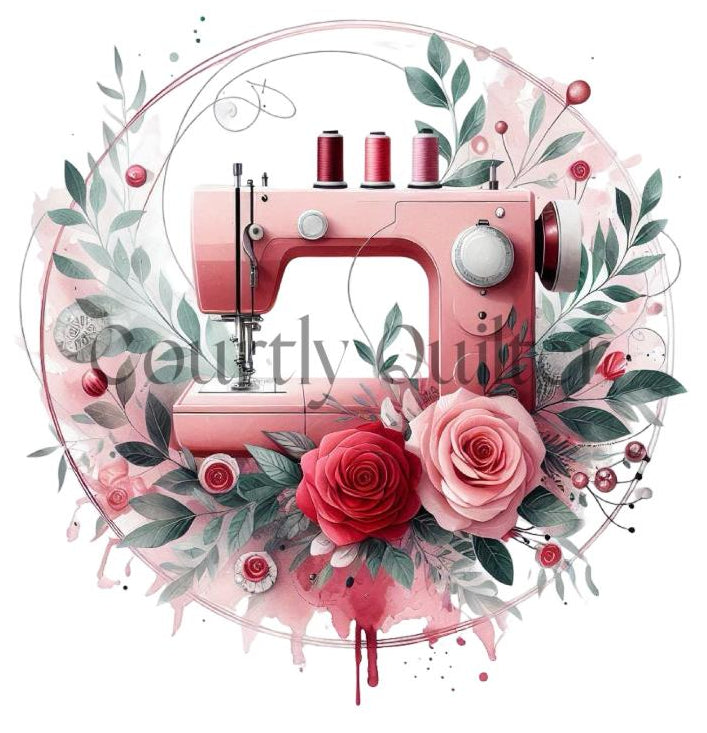 Courtly Quilter pink sewing machine surrounded by pink flowers and leaves on a white background