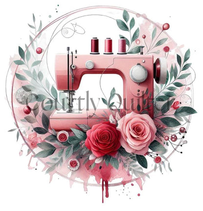 Courtly Quilter pink sewing machine surrounded by pink flowers and leaves on a white background
