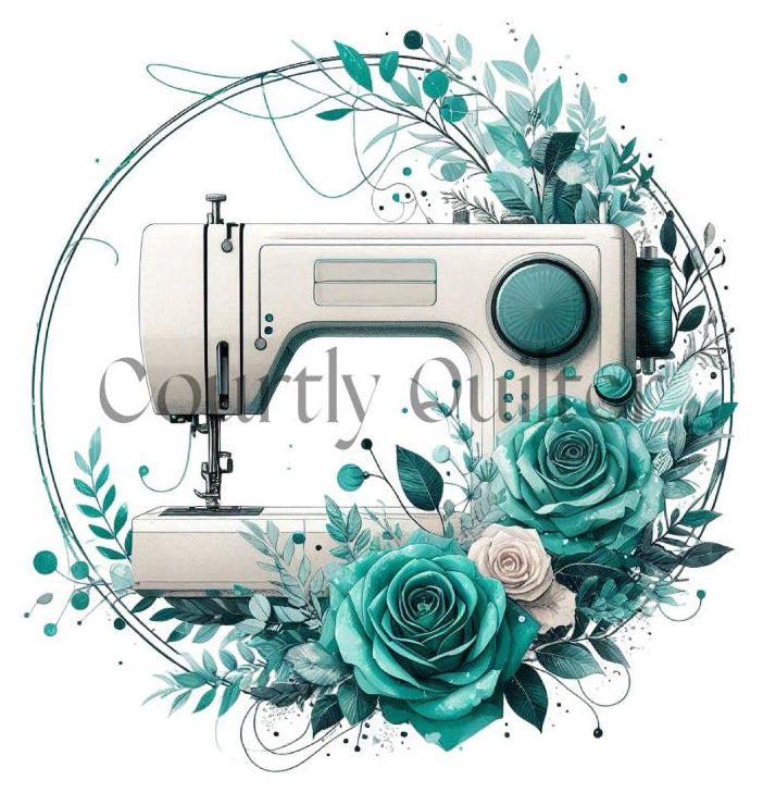 Courtly Quilter white sewing machine surrounded by teal flowers and leaves on a white background